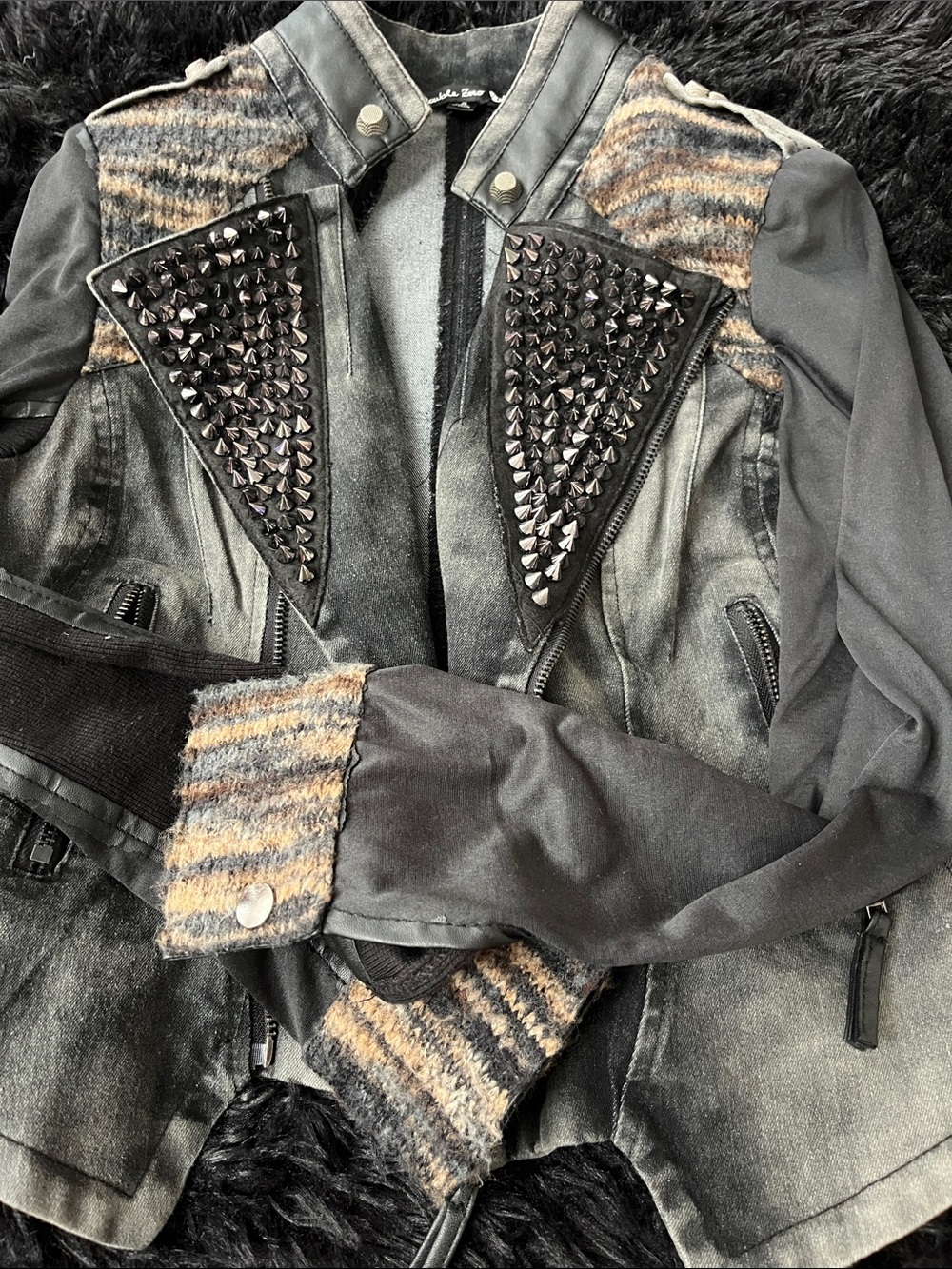 Double Zero Black & Gray Studded Mixed-Media Bomber Jacket